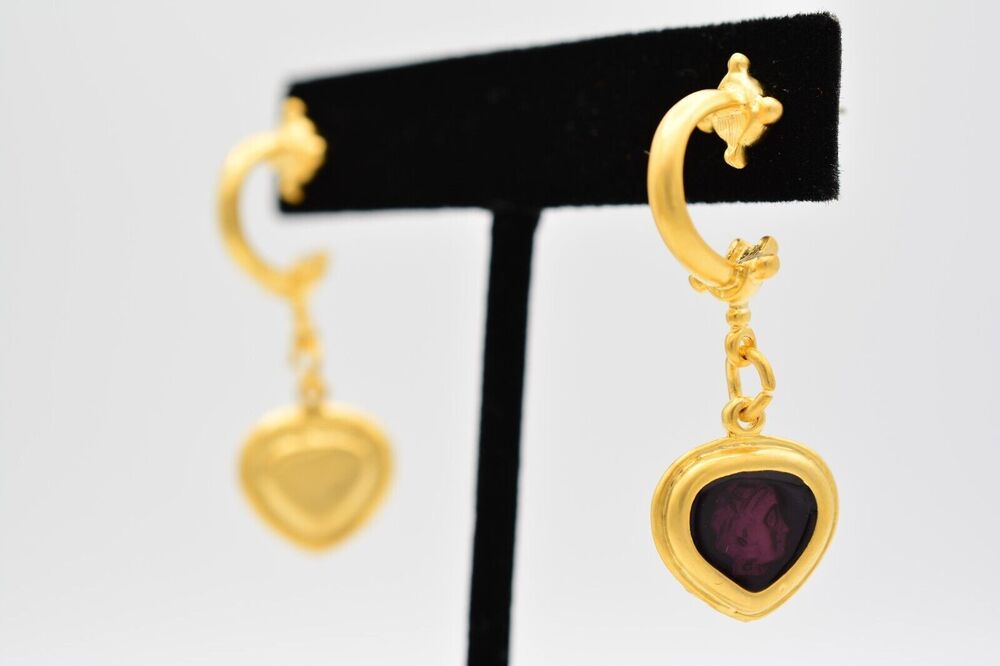 Vintage Roman Earrings Heart Brushed Gold Purple Spartan Enamel NOS 1980s BinA2